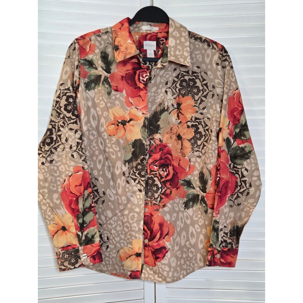 Chico's No-Iron Floral Leopard Print Button Down Shirt Size 1 M Tan Orange Red